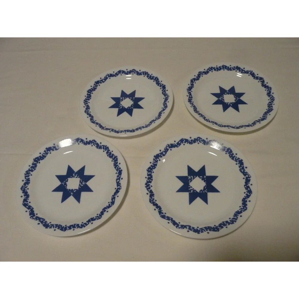Set of 4 Corelle Corning Salad Plates Blue Star Pattern Retired USA‎ 7.25